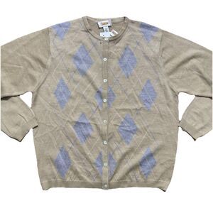 Talbots Cardigan Sz Large Tan Argyle 100% Merino Wool Sweater Vtg Classic NWT